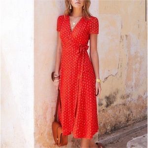 Sezane Amber Robe Red and Gold Wrap Midi Dress - US Size 4 / S FR Size 36